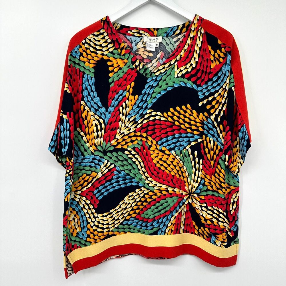 Tru Luxe Jeans Top Shirt Size Medium Boxy Confetti Print Half Sleeves New Blouse